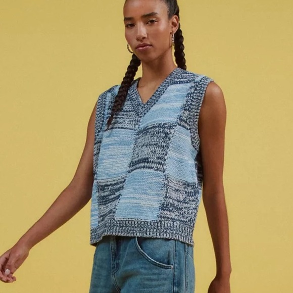 OBEY Women's XL Mira Sweater Vest V-Neck Wool Blend Color Block Blue Knit Twee - Picture 12 of 16